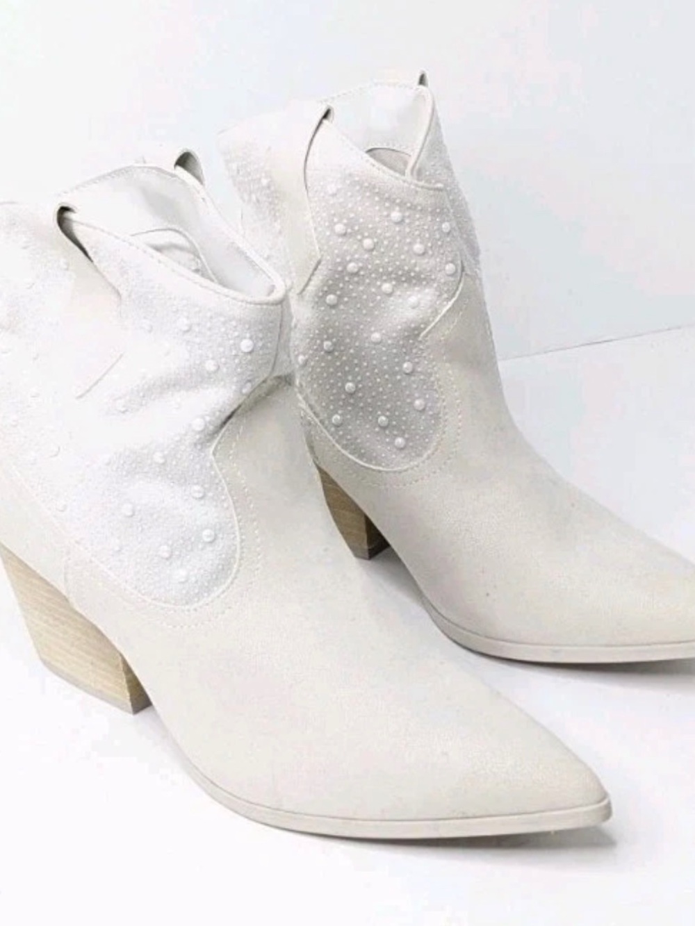 MIA White Studded Suede Western Ankle Boots